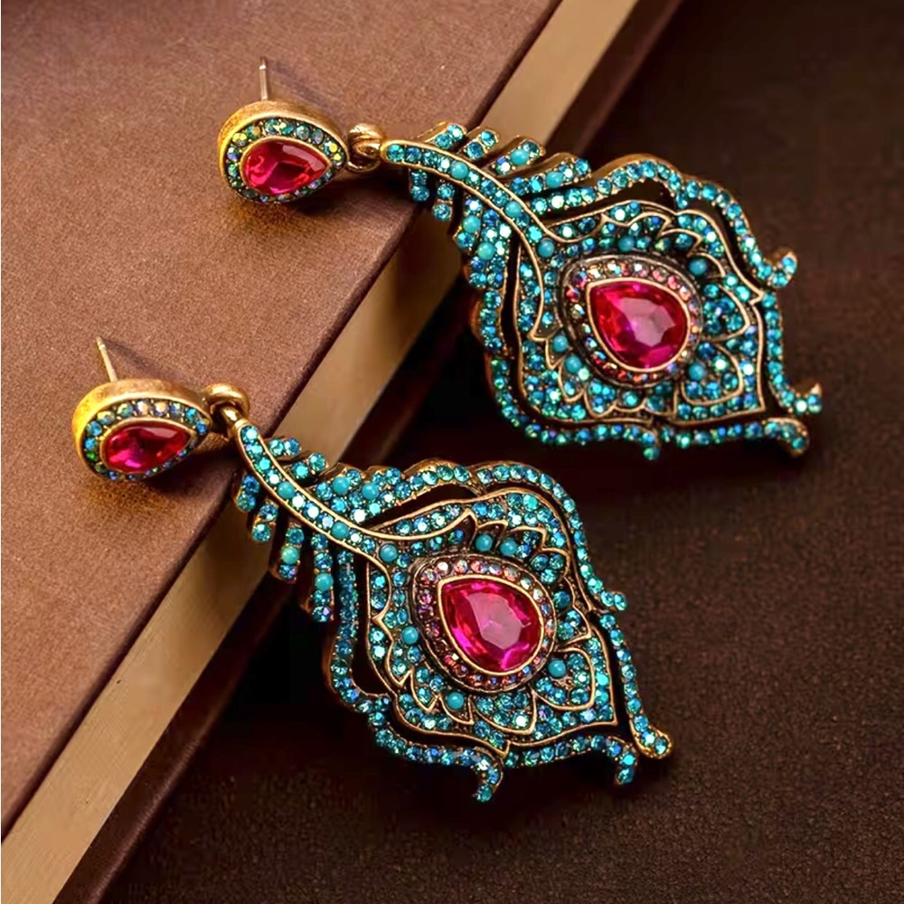 Peacock Feather Rhinestone Earrings